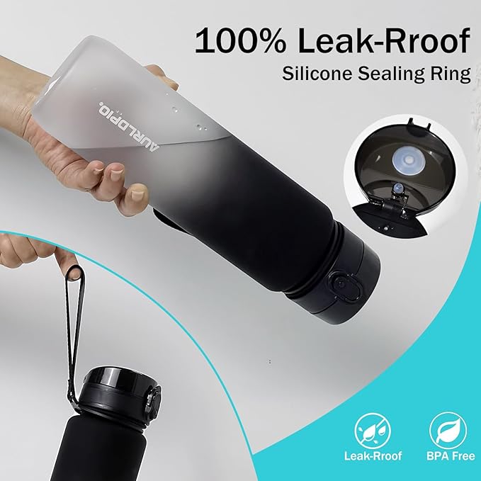 32oz/1L Water Bottle, Sports Water Bottle with Times to Drink & Lock Cover+Strainer,BPA-Free, Leakage Proof, Sports Drink Bottle for Bicycle, Outdoor, Gym, School, Reusable Daily(Black-Gray)