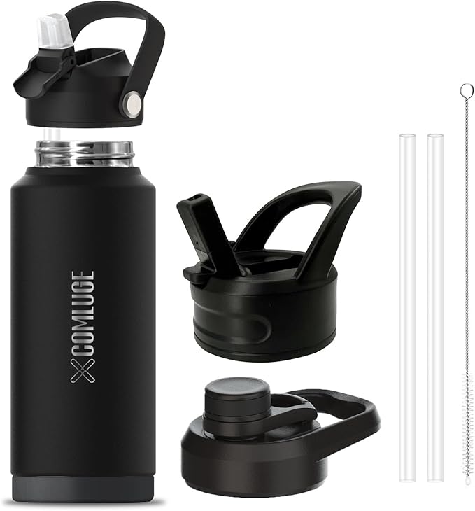 Black 32 oz insulated water bottle with straw stainless steel water bottle,double wall,leak proof water bottles with 3 lids,travel,gym mens water bottle (Black, 32oz)