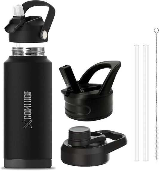 Black 32 oz insulated water bottle with straw stainless steel water bottle,double wall,leak proof water bottles with 3 lids,travel,gym mens water bottle (Black, 32oz)