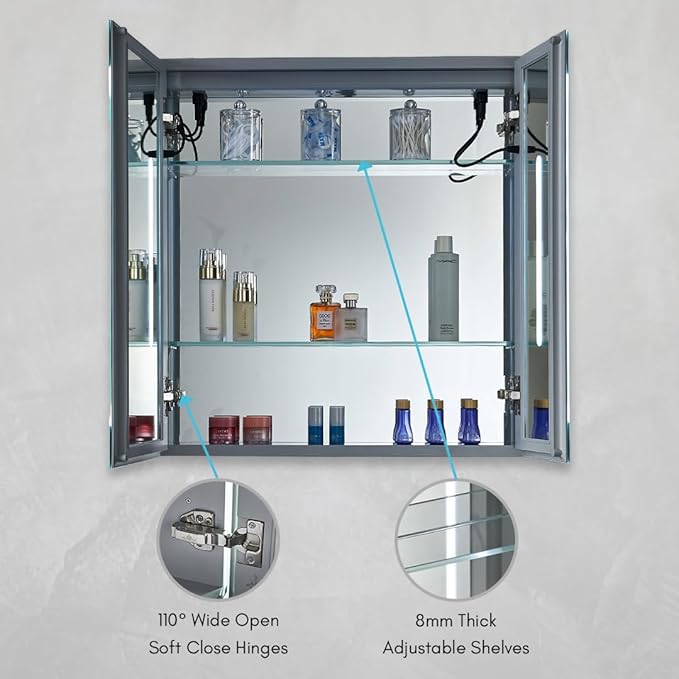 Blossom LED Medicine Cabinet Mirror for Bathroom 25x26 Inch - Recessed/Surface Mounted Lighted Medicine Cabinet with Mirror - Defogger, 3-Color Dimmer - Wall Mounted Storage Cabinet