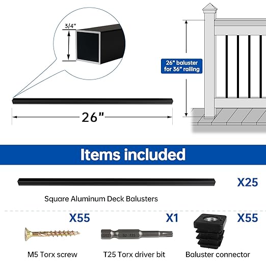 Muzata 25Pack 26" x3/4" Aluminum Deck Balusters Square Baluster Deck Railing Black Hollow Spindles with Screws for Railing Fencing Porch WT12