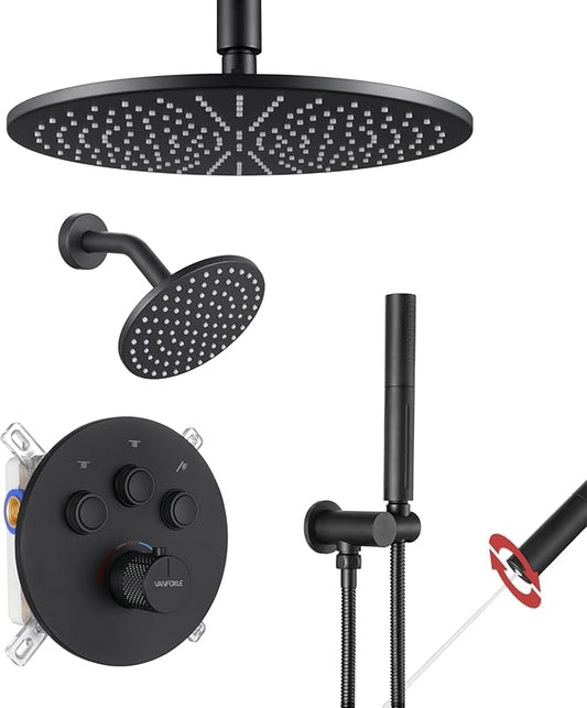 VANFOXLE Thermostatic Shower Faucet Set Matte Black Shower System,Push Button Diverter Shower Faucet with 2 in 1 Handheld,Ceiling Mount Increased Thickness 12 Inch Shower Head with 6 Inch Shower Head