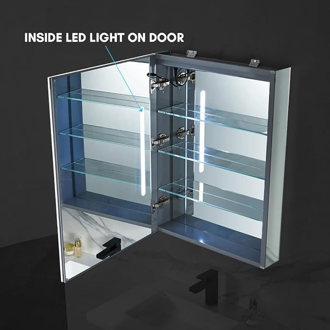 Blossom LED Lighted Mirror Medicine Cabinet, 24x32 Inch, Left Hinge | Wall Mounted Recessed or Surface Bathroom LED Medicine Cabinet with Mirror, Makeup Mirror with Lights | Defogger, 3 Color Dimmer