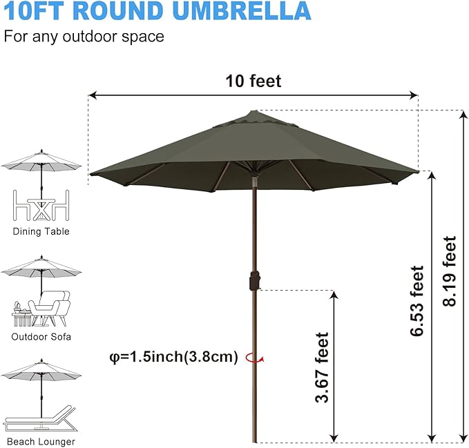 Eurmax USA 10-Year-Non-Fading 10Ft Market Umbrella Outdoor Patio Umbrella Table Umbrella with 8 Ribs,Hand Crank and Ventilation (Charcoal)