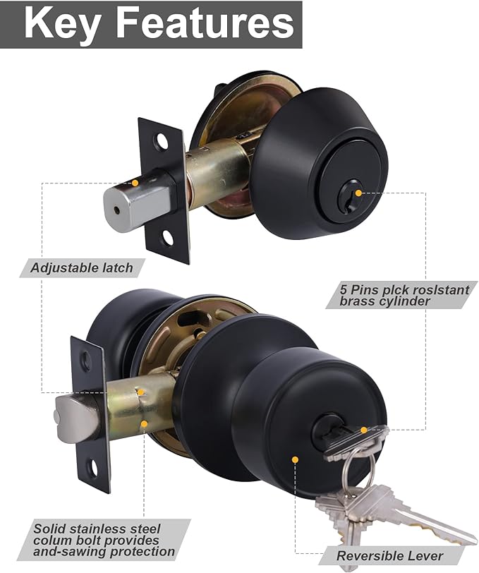 Lanwandeng 3 Sets Keyed Alike Entry Door Knobs and Single Cylinder Deadbolt Lock Combo Set Security for Entrance and Front Door, All Keyed Same Door Lock with Classic Matte Black Finish