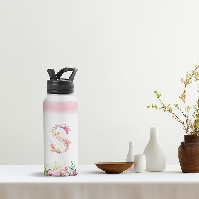 Personalized 32oz Water Bottle with Straw Customized Initial Letter Sport Bottles Monogrammed Initial Insulated Bottle Coffee Mug for Travel (S)