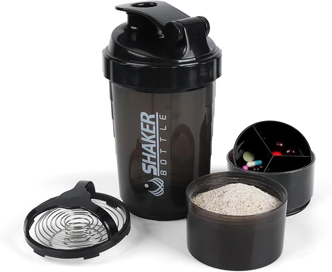 Shaker Bottle - Protein Shaker Cup with Storage Compartments - Leak-proof Workout Shake Bottles with Mixer for Smooth Mixing-500ML/16oz (PURE BLACK)