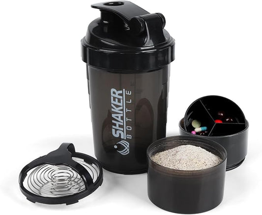 Shaker Bottle - Protein Shaker Cup with Storage Compartments - Leak-proof Workout Shake Bottles with Mixer for Smooth Mixing-500ML/16oz (PURE BLACK)
