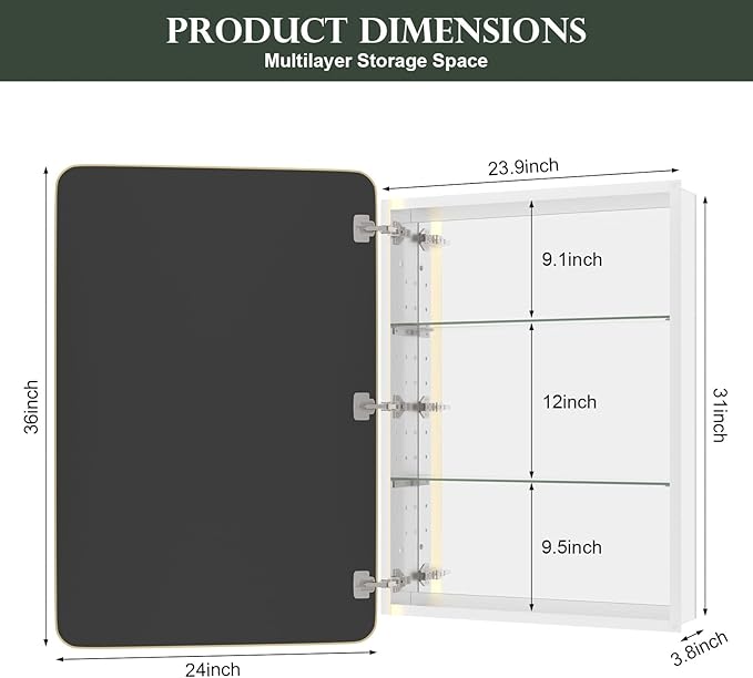 WallBeyond Bathroom Medicine Cabinet with Mirror, 24x36 Inch Gold Recessed Medicine Cabinet with Round Corner Aluminum Alloy Metal Framed, Single Door Modern Mirror Cabinet with Storage