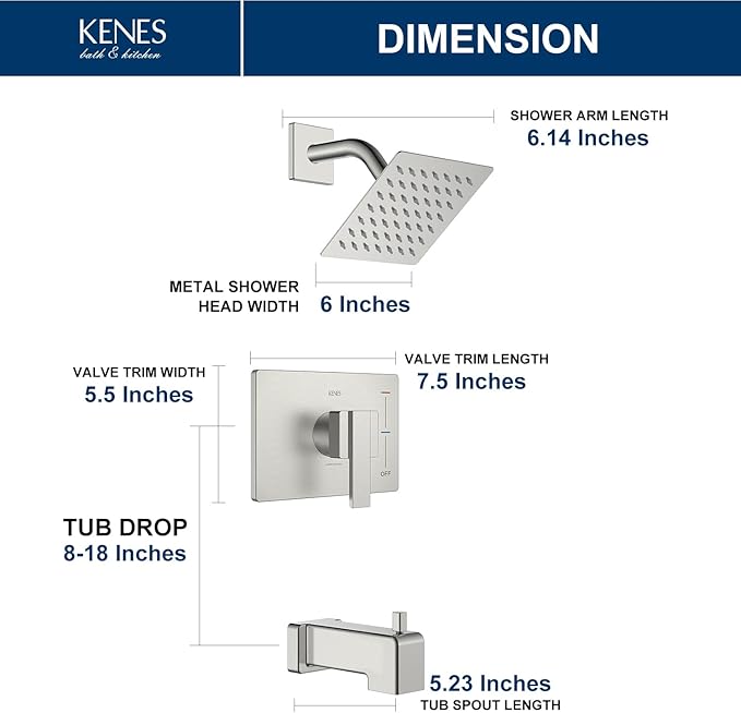 KENES Brushed Nickel Tub and Shower Trim Kit, Shower Faucet with Single-Spray Rain Shower Head, Square Stainless Shower Faucet Set, KE-6025A (Shower Valve Included)