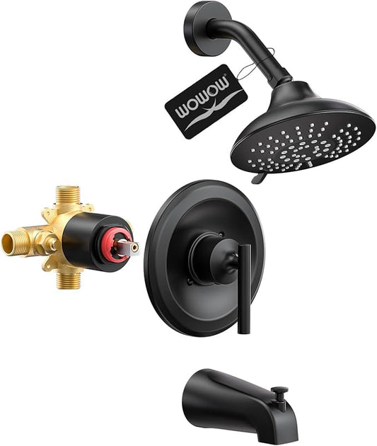 Black Shower Tub Faucet Set: WOWOW Shower Trim Kit with 6-Inch Rain Head and Tub Spout, Single Handle Shower Complete Combo Solid Brass Pressure Balancing Mixer (Valve Included)