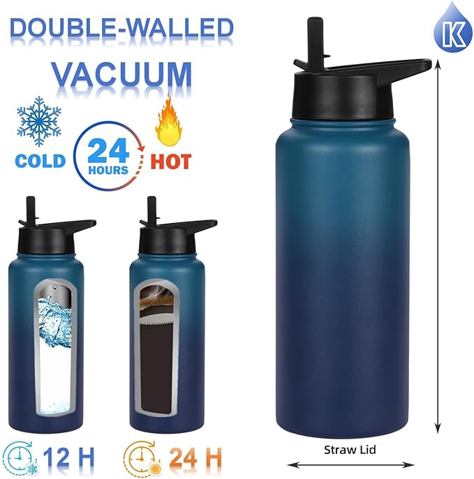 Water Bottle Insulated 32oz Straw Lid, Leak Proof, Vacuum Insulated,Stainless Steel Water Bottle Wide Mouth for Sports, Gym, BPA-Free Keep Cold 24H Hot 12H (NAVY GREEN)