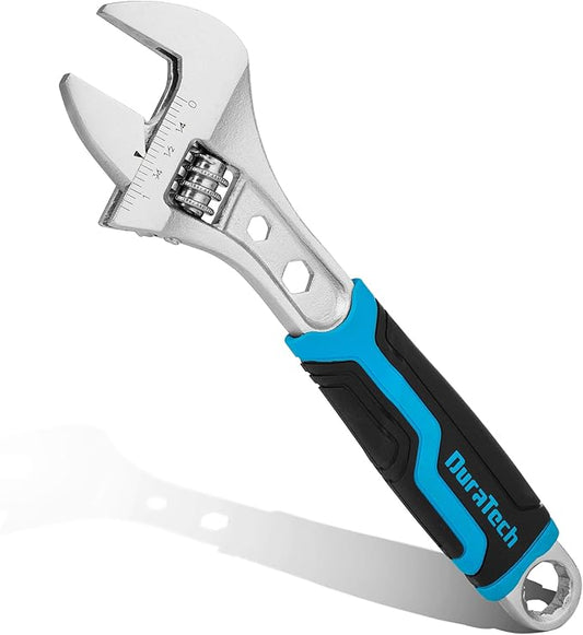 DURATECH 8 Inch Adjustable Wrench, 3-in-1 Spanner with Box End/Hex Function, CR-V Steel, Metric & SAE Scales, Chrome-plated, Bi-material soft Grip