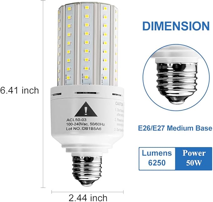 ZP 2-Pack Led Light Bulb 400W Equivalent 6250 Lumen 5000k Cool Daylight White E26/E27 Medium Base 50W Led Corn Light for Outdoor Indoor Lamp Area Garage Warehouse Workshop Street Backyard New Upgrade