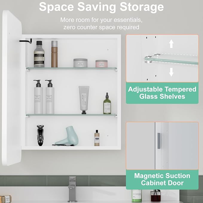 16x24 Inch Medicine Cabinet with Mirror, Recessed or Surface Mount Bathroom Medicine Cabinet with LED Lights, Anti-Fog, Memory Function, Adjustable Shelf, Dimmable Light, ETL Listed, White,Left Hinge