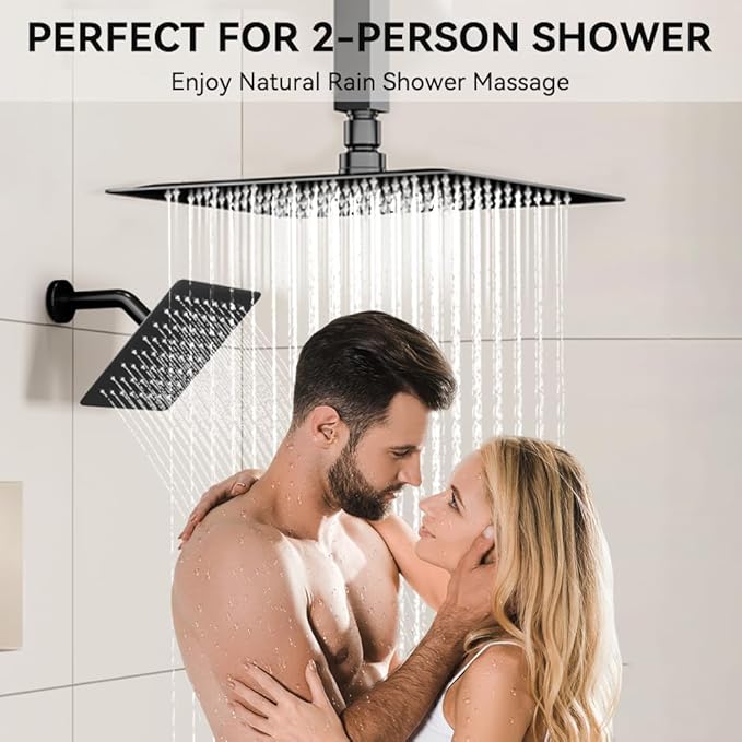 Shower Faucet Set Matte Black Shower System, STARBATH 12+6" Dual Rain Shower Head with Handheld Spray for Two People,Wall Mount Rainfall 3 Way Shower Valve with 5 Diverter and Trim Kit Complete