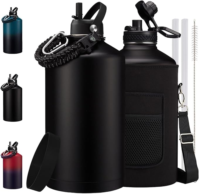 Gallon Water Bottle Insulated 128oz - Stainless Steel Water Bottles Keep Cold 48H, Fitness Sports Water Bottle with Straw & Spout Lid, Paracord Handle, Carrier Bag with Strap,Black 128 OZ Jug