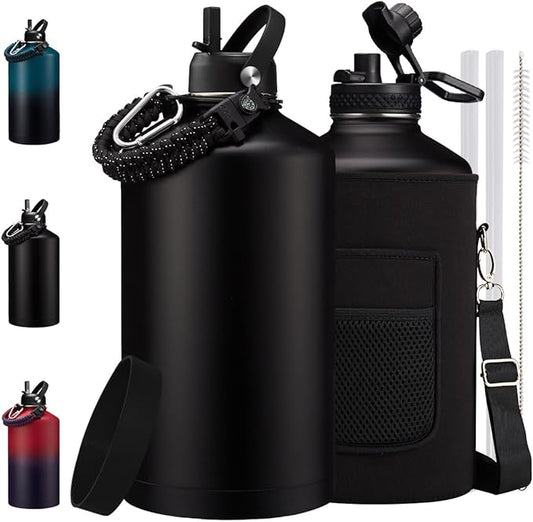 Gallon Water Bottle Insulated 128oz - Stainless Steel Water Bottles Keep Cold 48H, Fitness Sports Water Bottle with Straw & Spout Lid, Paracord Handle, Carrier Bag with Strap,Black 128 OZ Jug