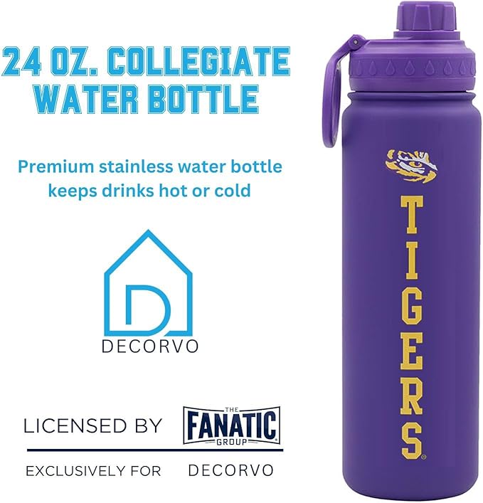 LSU Tigers Water Bottle - Purple Double Walled Stainless Steel 24 oz Keeps Drinks Cold or Hot
