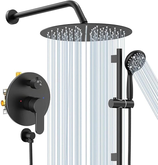 SR SUN RISE 12 Inch Slide Bar Shower System, Round Shower Faucets Sets Complete Rain Shower head and 6-Spray Handheld Combo, Wall Mounted Dual Shower Faucet Included Valve and Trim Kit, Matte Black