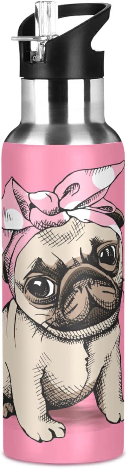 Blueangle 32 OZ Pink Headband Pug Water Bottle with Straw, Sports Water Bottle BPA Free Stainless Steel Water Jugs for Gym, Kitchen, Working, Outdoor（201）