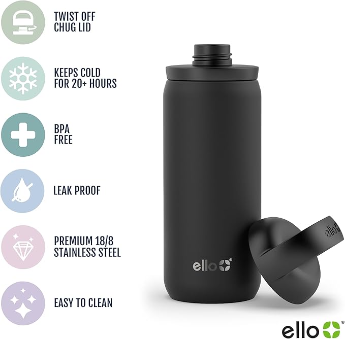 Ello Cooper Twist 18oz Kids Stainless Steel Water Bottle with Chug Lid | Leak Proof Double Walled and Vacuum Insulated | Fits Car Cupholder | Built in Carry Loop | Dishwasher Safe | Lilac