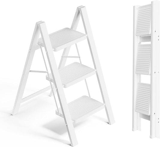 Step Ladder 3 Step Folding, Small Step Stool for Adults, Portable Anti-Slip Iron Stepladder with Wide Pedals for Home and Kitchen Use, Space Saving - White (300 lbs)