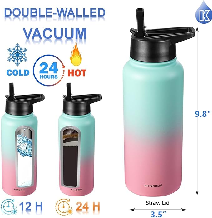 Water Bottle Insulated 32oz Straw Lid, Leak Proof, Vacuum Insulated,Stainless Steel Water Bottle Wide Mouth for Sports, Gym, BPA-Free Keep Cold 24H Hot 12H (Blue Pink)