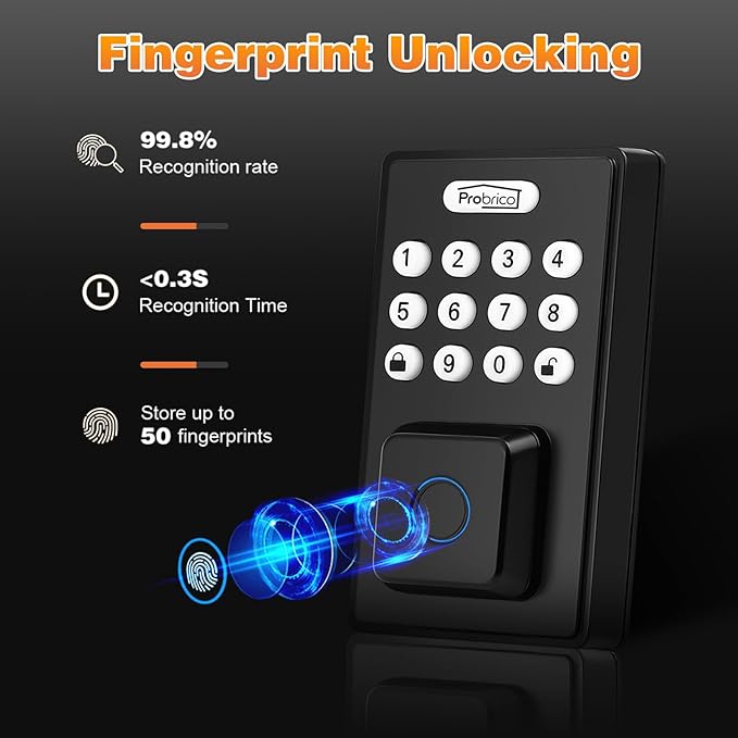 Probrico Smart Fingerprint Door Lock for Front Door, Keyless Entry Door Deadbollt Lock with Digital Keypad Code, Electronic Smart Deadbolt with App Control, Auto Lock, Bluetooth, Black
