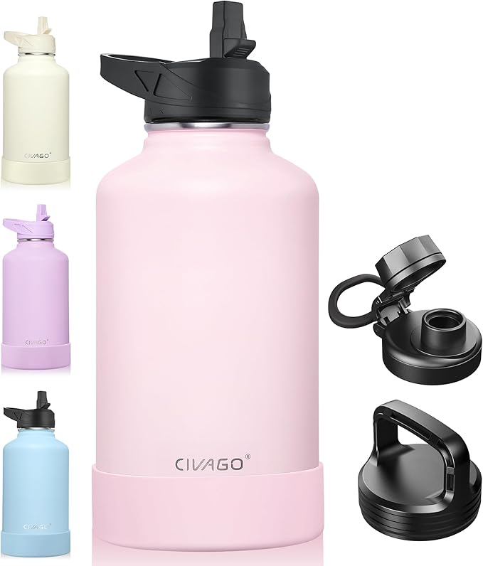 CIVAGO 64 oz Insulated Water Bottle With Straw, Half Gallon Stainless Steel Sports Water Flask Jug with 3 Lids (Straw, Spout and Handle Lid), Large Metal Thermal Cup Mug, Blush