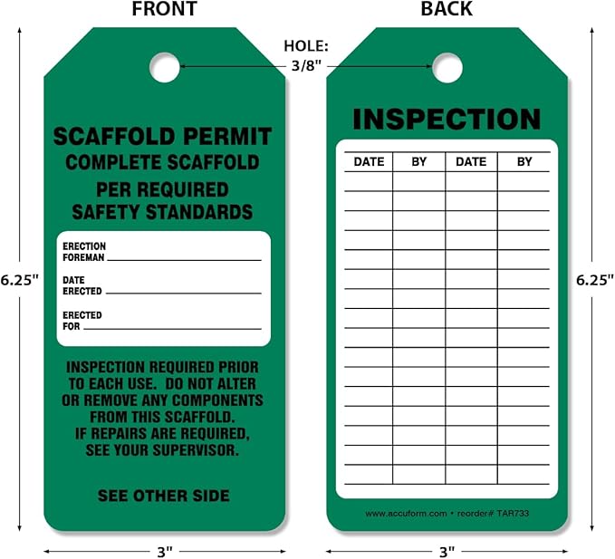 250 Scaffolding Tags by-The-Roll, Scaffold Permit - Complete Scaffold, US Made OSHA Compliant Scaffold Tags, Waterproof PF-Cardstock, Resists Tears, 6.25"x3", TAR733