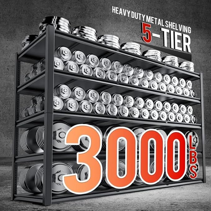 59.8" W x 72.2" H x 24.2" D Storage Shelves Metal Shelving, 3000LBS Garage Shelving Unit with Adjustable Shelf, 5 Tier Storage Rack for Garage, Pantry, Warehouse, Basement, Black