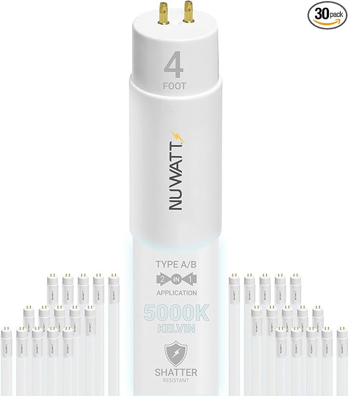 NuWatt 30 Pack 4 FT LED T8 Tube Light, T10 T12 Hybrid Type A+B, 5000K Daylight, 18W, High Brightness 2200 Lumens, Plug & Play OR Ballast Bypass Fluorescent Tube Replacement, Single or Double Ended, UL