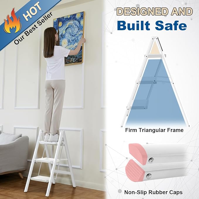 Double Elite Step Ladder 3 Step Folding, Sturdy 330 Lbs Load Step Stool for Adults, Safer Full Steel Kitchen Closet Ladder for Home, Multi-use Small Step Stool Ladder with Anti-Slip Wide Pedals, White