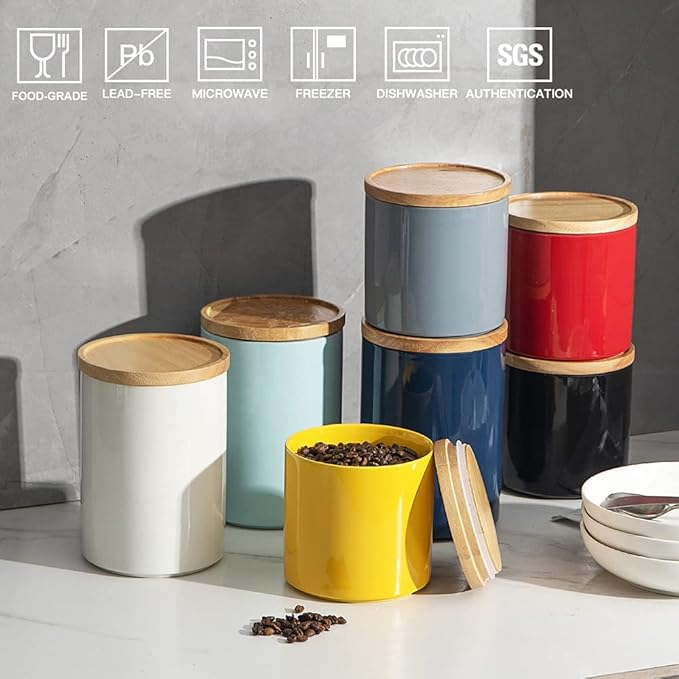 Sweejar Kitchen Canisters Ceramic Food Storage Jar, Stackable Containers with Airtight Seal Wooden Lid for Serving Coffee Bean, Flour, Tea, Cookies and More - 58 Fl Oz (White)