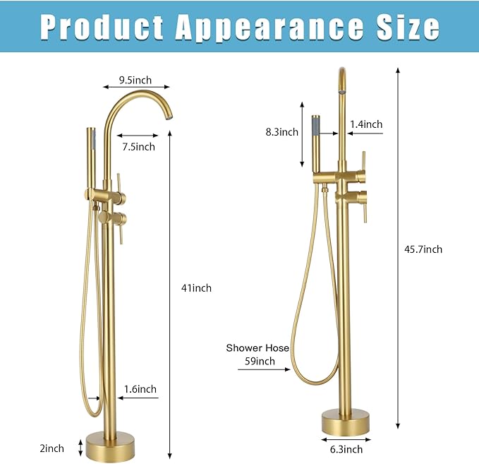 Floor Mount Bathtub Faucet，Freestanding Tub Faucet ，High Flow Dual Function 360 Degree Rotating Tube and Handheld Water Outlet (Brushed Gold)