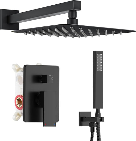 Alesco Shower Faucet Set, Black Shower System with 12-Inch High-Pressure Rainfall Showerheads and Handheld Spray combo, Showerfixture Include Valve and Trim Kit, Matte Black