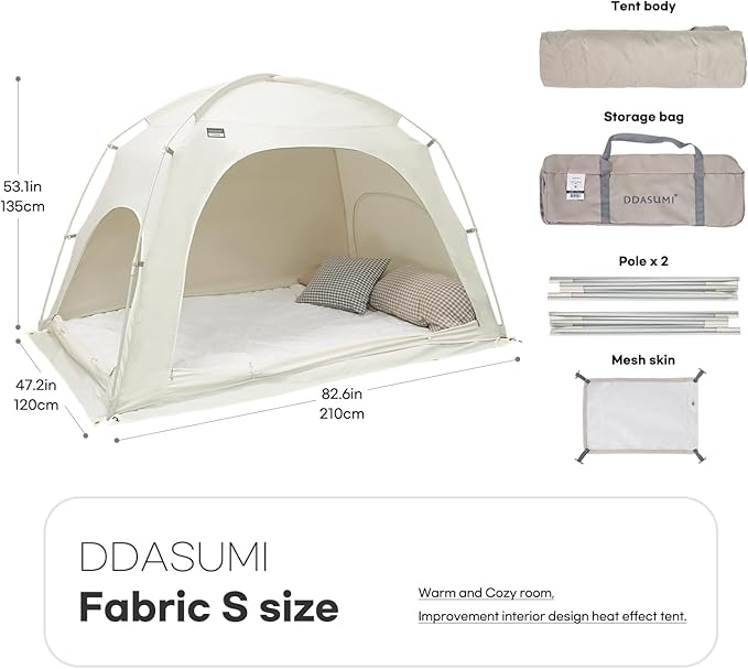 Fabric Indoor Bed Tent, Privacy Play Tent on Bed for Warm and Cozy Dream Sleep Tent, Floorless Type Tent.Cotton Feeling Tent,S-PE Pole, Washable Tents (Ivory, Twin)
