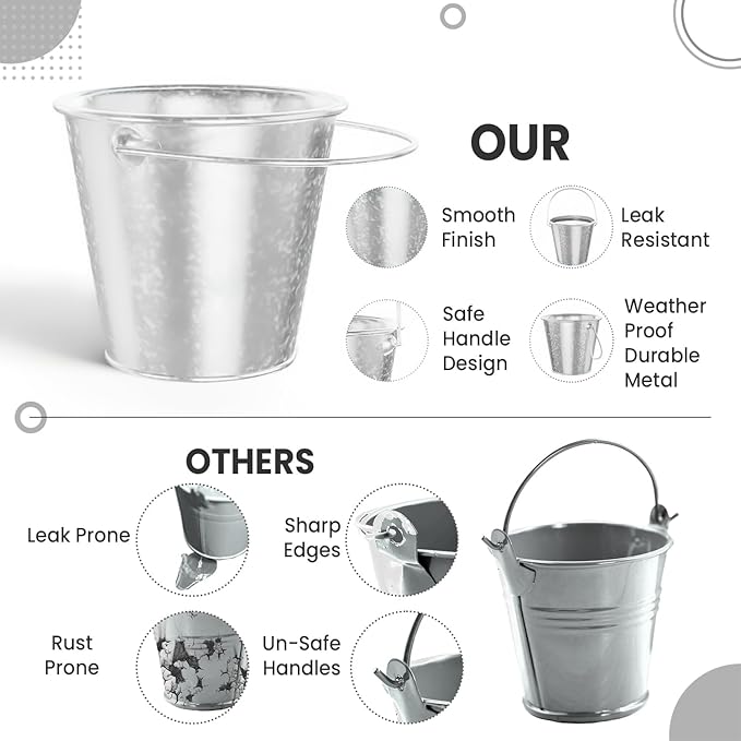 Galvanized Bucket, Metal Buckets with Handle 6 Pcs Leak Proof & Rust Resistant 48 fl oz Capacity - Best for Party Décor, Organizing & Decorating Easter Silver Bucket (Large 6.3" Top)