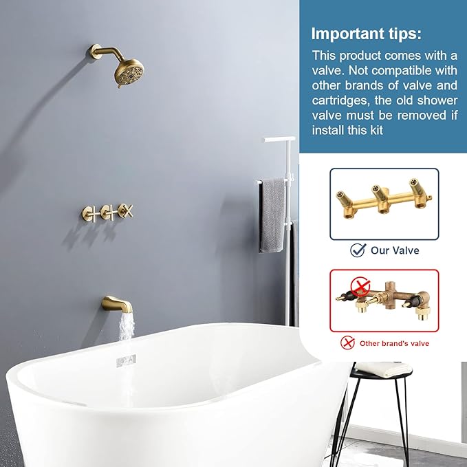 3 Handles Shower Faucet Set with Tub Spout Bathtub Shower Faucet Combo Set Shower System Complete Tub and Shower Trim Kit Brushed Gold