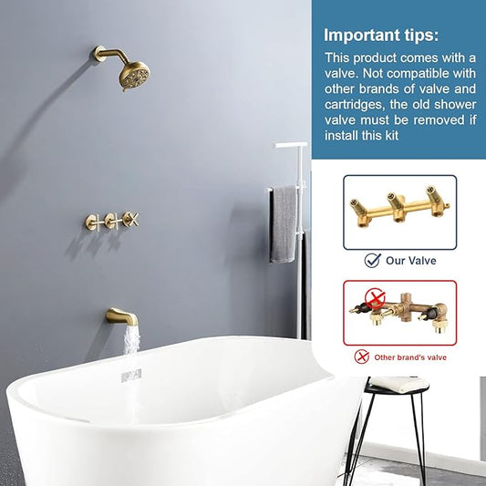 3 Handles Shower Faucet Set with Tub Spout Bathtub Shower Faucet Combo Set Shower System Complete Tub and Shower Trim Kit Brushed Gold