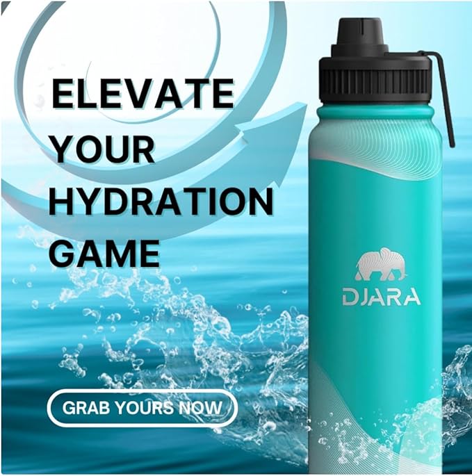 Djara Insulated Water Bottle - Leak-Proof, BPA-Free, Wide Mouth, Sports, Gym, Travel, Stainless Steel Vacuum Insulated Bottle (Blue) 34OZ