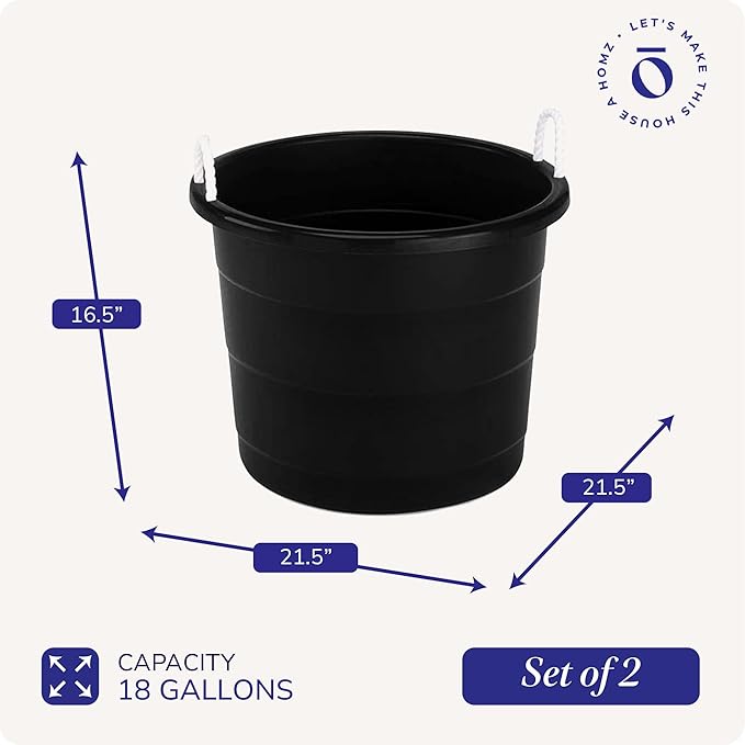 Homz 18 Gallon Plastic Multipurpose Utility Storage Bucket Tub with Strong Rope Handles for Indoor and Outdoor Use, Black, (2 Pack)