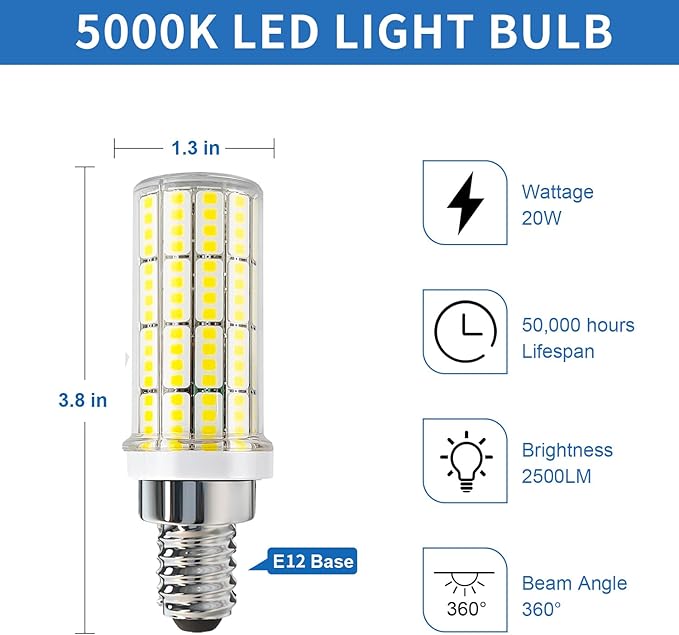 4 Pack E12 Led Bulb 200w Equivalent Chandelier Light Bulbs Bright E12 LEDs Candelabra Bulb 5000k Daylight White 2500lm Led Light Bulb for Chandeliers, Ceiling Fan, Pendant, Wall sconces
