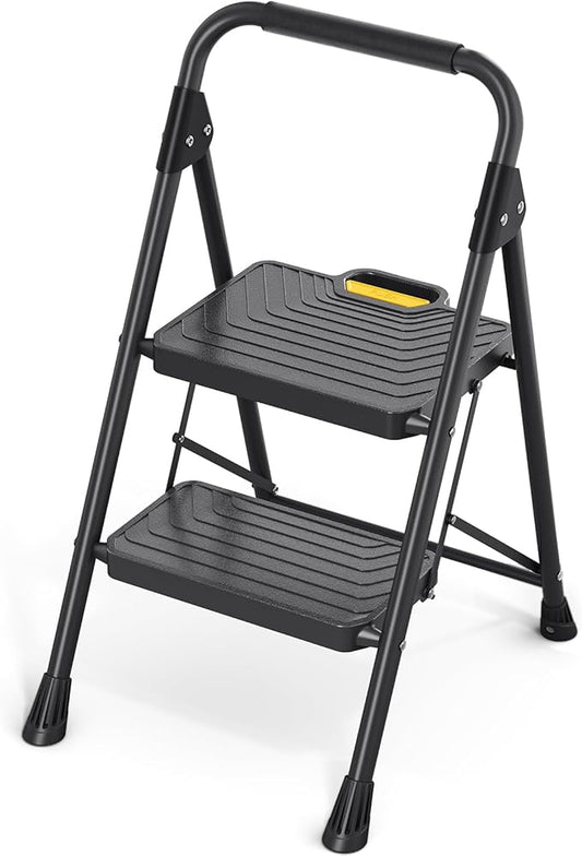 KINGRACK 2 Step Ladder, Sturdy Steel Step Stool with Anti-Slip Wide Pedals, Handrail, Safe-Lock Design, Pass 800lbs Load Testing, Folding Portable Ladder for Multi-Purpose, Home, Kitchen, Black