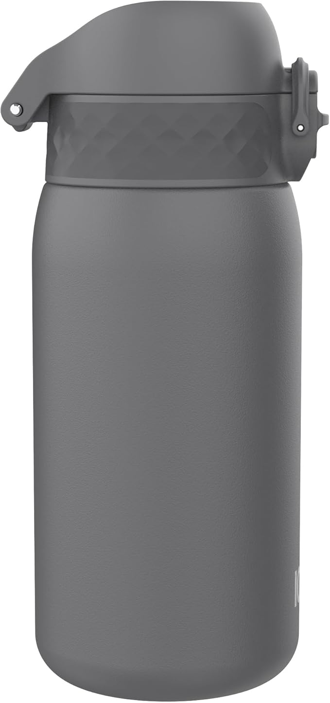 Ion8 Kids Water Bottle, Steel 400 ml/13 oz, Leak Proof, Easy to Open, Secure Lock, Dishwasher Safe, Hygienic Flip Cover, Carry Handle, Easy Clean, Durable, Scratch Resistant, Carbon Neutral, Grey