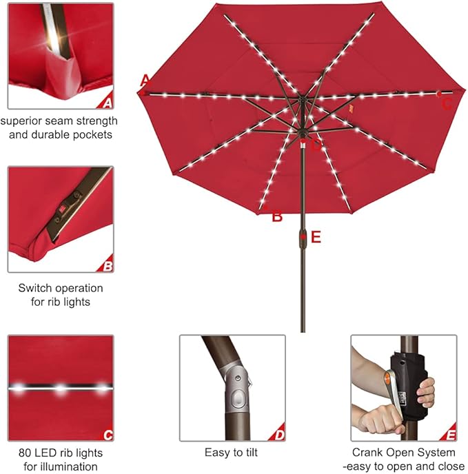EliteShade USA 10-Year-Non-Fading Solar 9ft 3 Tiers Market Umbrella with 80 LED Lights Patio Umbrellas Outdoor Table with Ventilation,Logo Red
