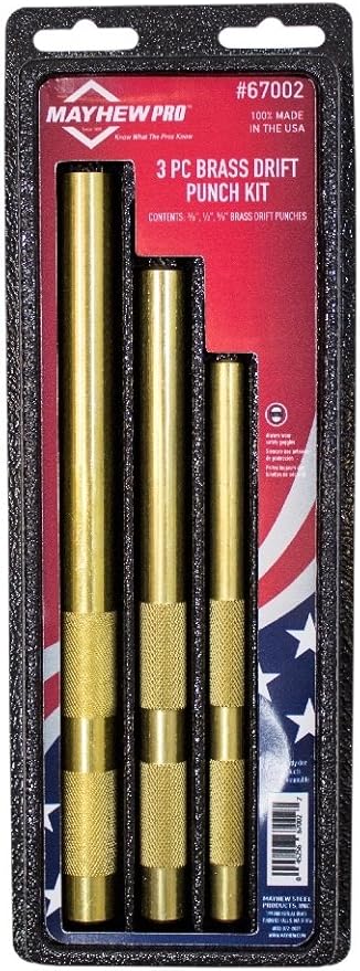 Mayhew Tools 67002 Brass Drift Punch, 5/8-16mm x 8", 1/2-13mm x 7" & 3/8-10mm x 6"