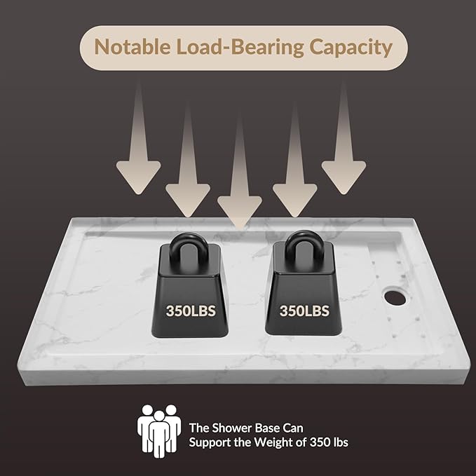 MORVANO 60 x 32 Shower Base with Single Threshold Rectangular Right Drain Location Shower Base,Shower Pan With Stainess Steel Cover,Marble White Acrylic Shower Base