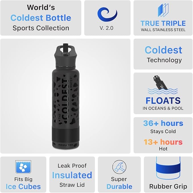 Coldest Sports Water Bottle with Straw Lid Vacuum Insulated Stainless Steel Metal Thermos Bottles Reusable Leak Proof Flask for Sports Gym (40 oz, Black Leopard)